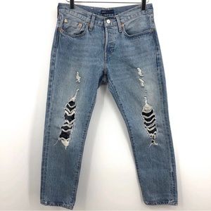 Levi’s Made and Handcrafted 501 Tapered distressed lace tulle jeans